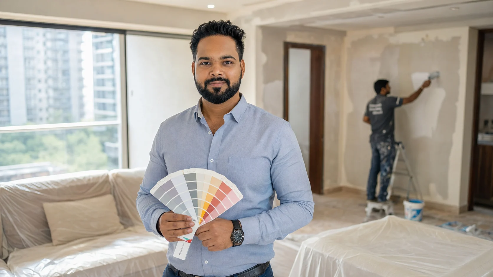 Professional house painter Rahul Sahani checking a color shade card at a residential painting site in Chandigarh