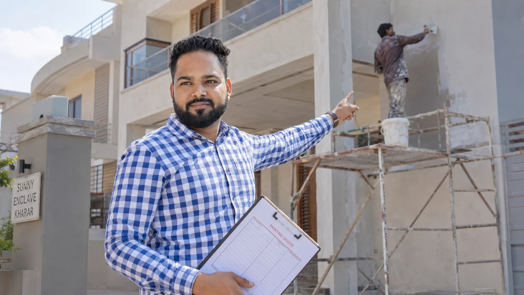 Professional house painter Rahul Sahani discussing a new villa painting project in Sunny Enclave Kharar