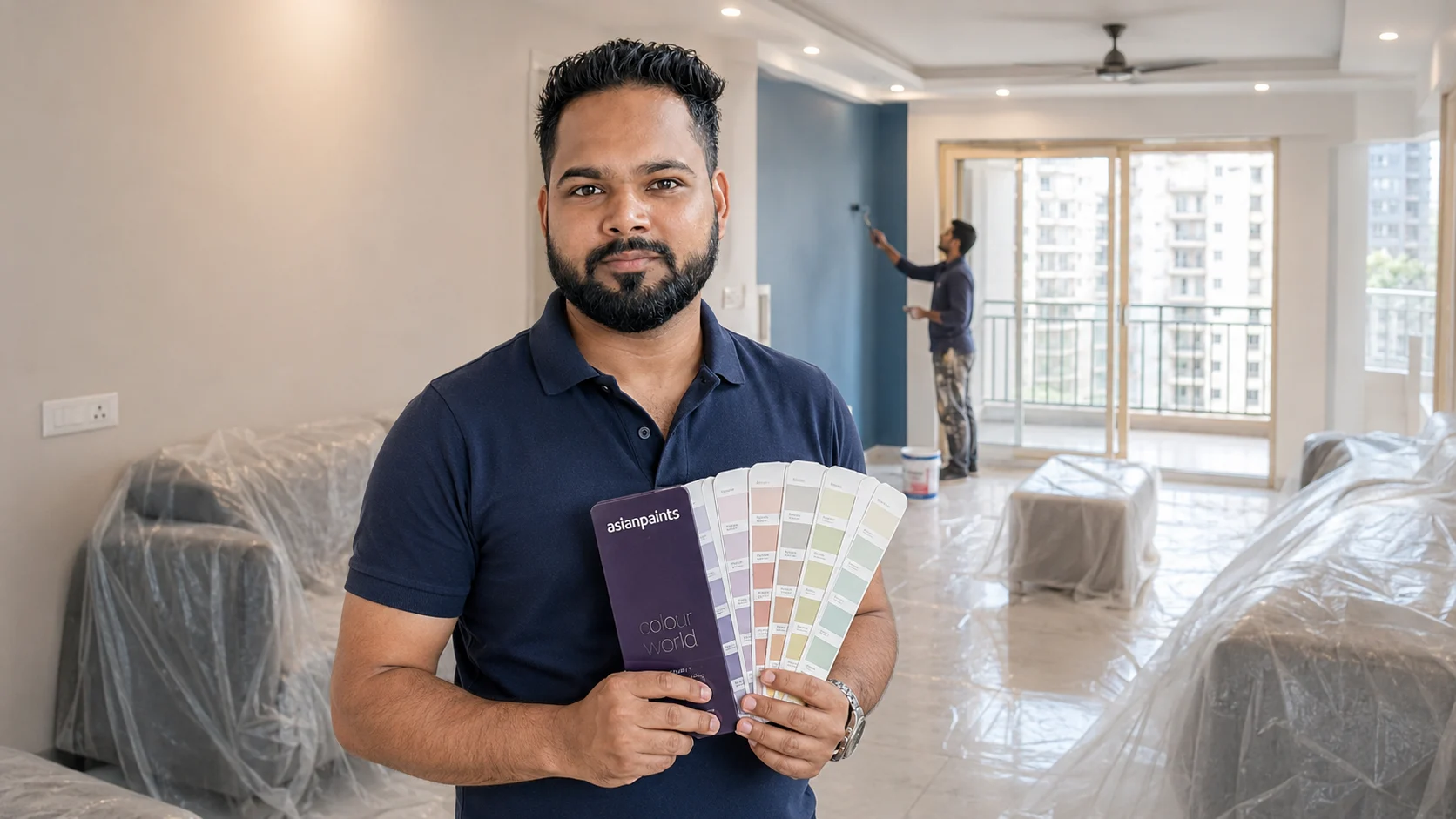 Professional flat painter Rahul Sahani checking a shade card inside a newly painted society apartment on VIP Road Zirakpur
